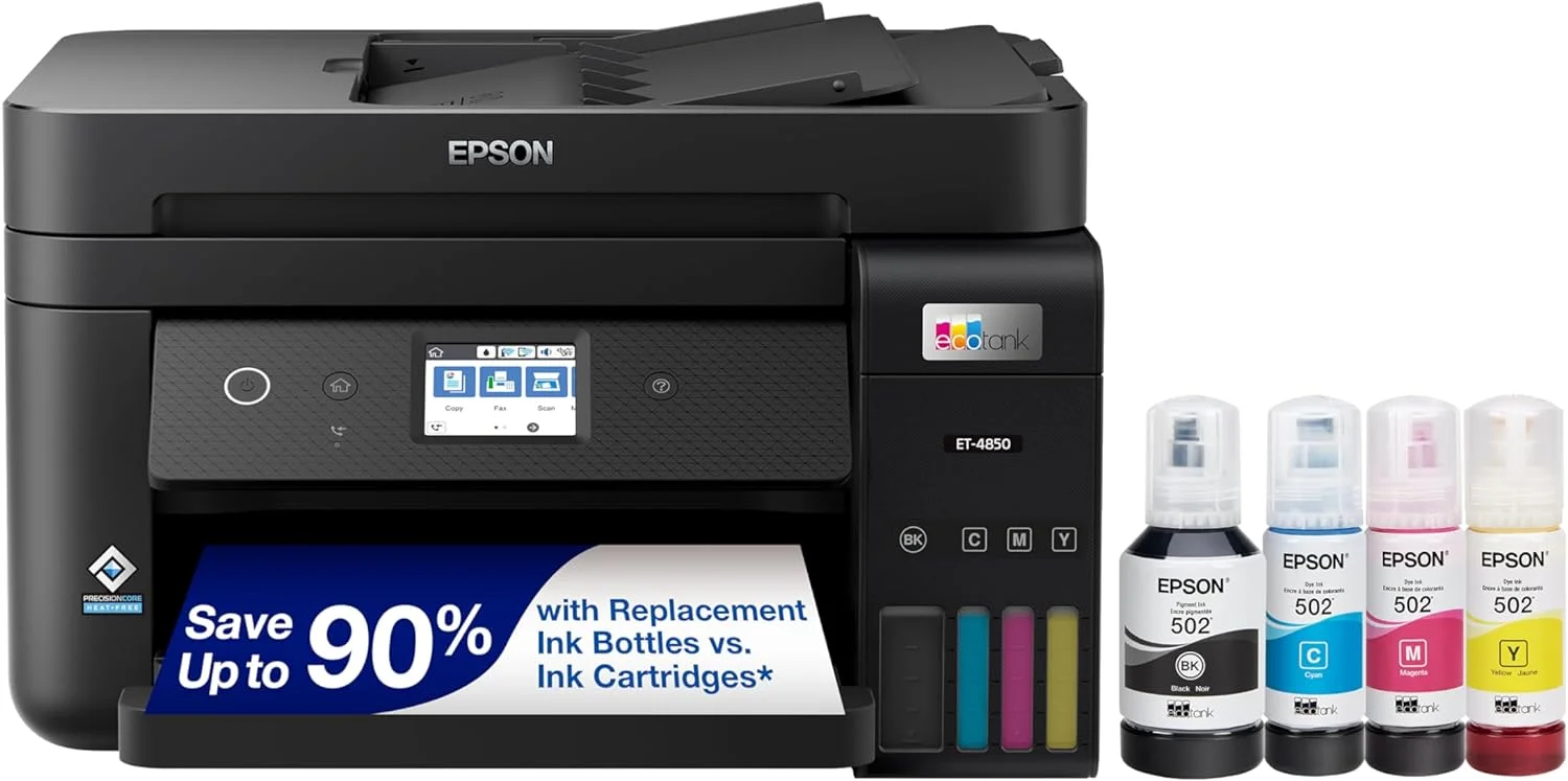 Epson EcoTank ET-4850 Wireless All-in-One Cartridge-Free Supertank Printer with Scanner, Copier, Fax, ADF and Ethernet – The Perfect Printer Office – Black (Renewed Premium)